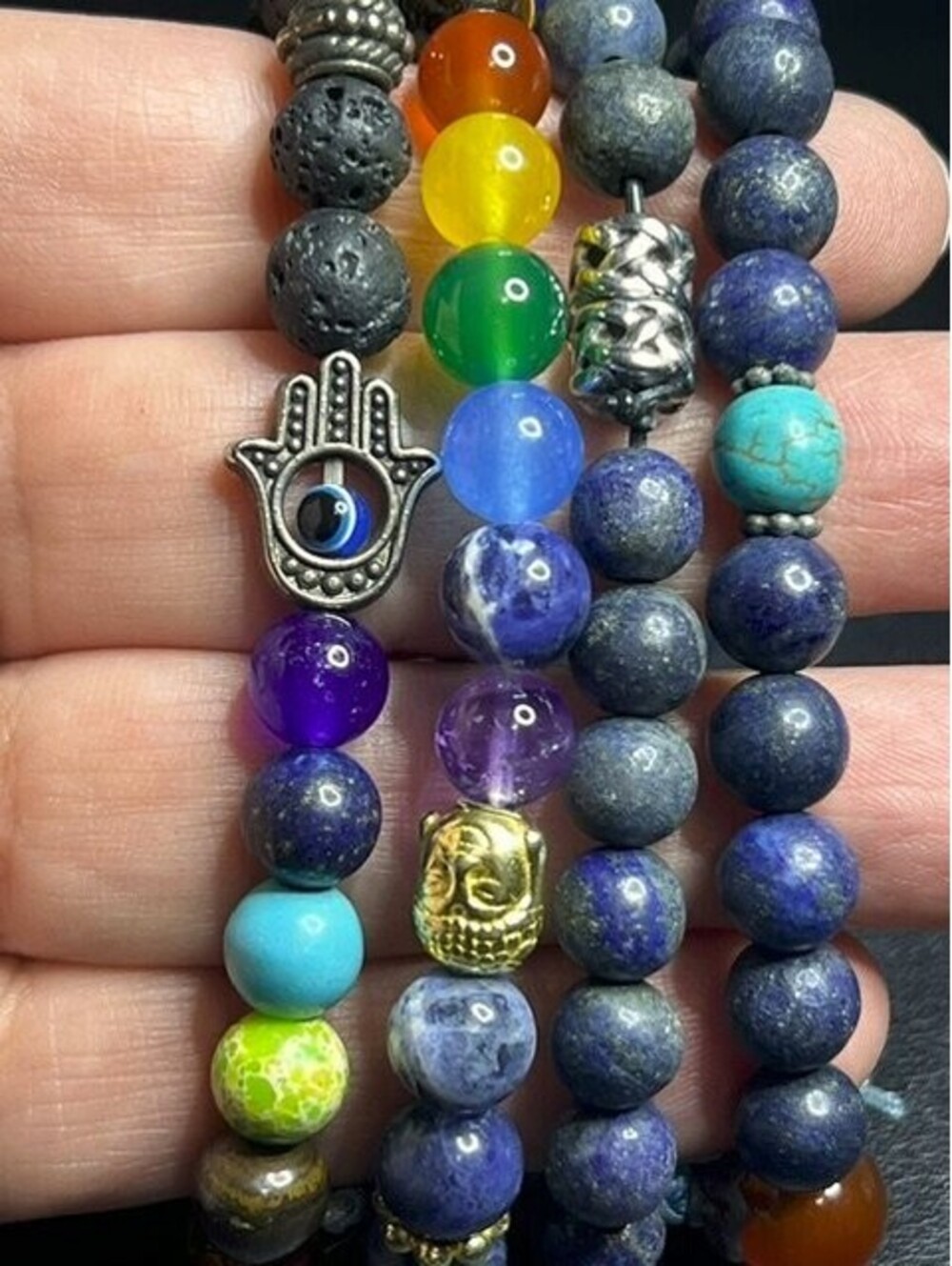 B6697 4pc Chakra Lava Lapis Lazuli Hamsa Buddha Beaded Stretch Bracelet set